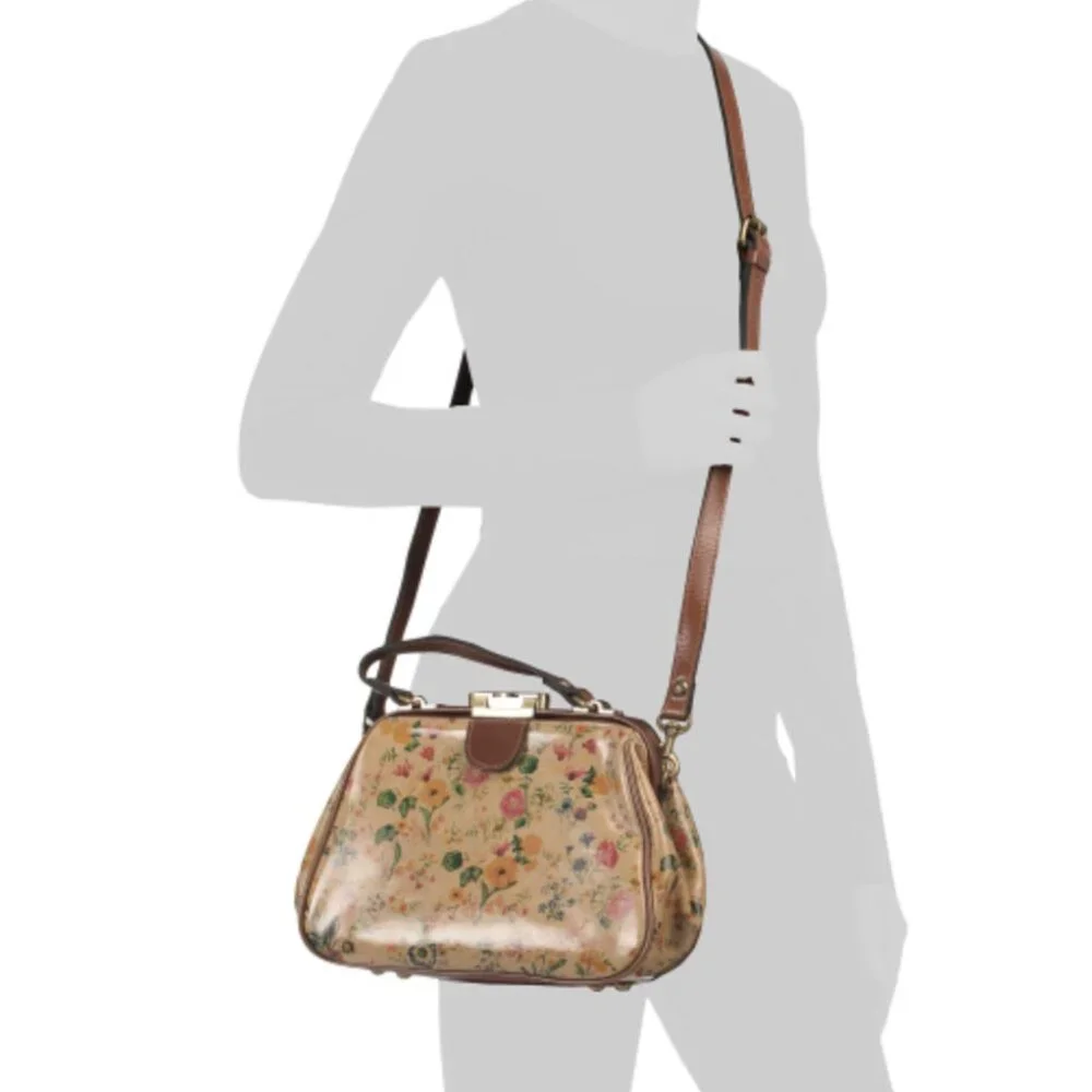 Patricia Nash Gracchi Prairie Rose Tan Framed Leather Satchel Xbody Floral